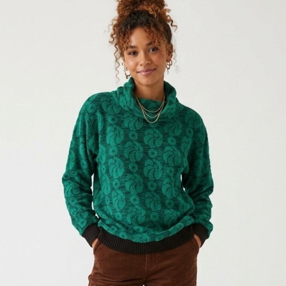 VINTAGE 80s Teal Emerald Green Floral Knit Cowl Neck Sweater- Size 4